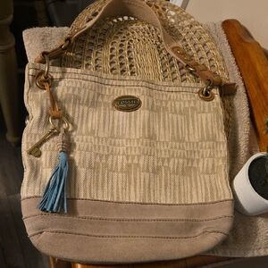 Fossil Beige and Tan Shoulder Bag Boho Style Preloved